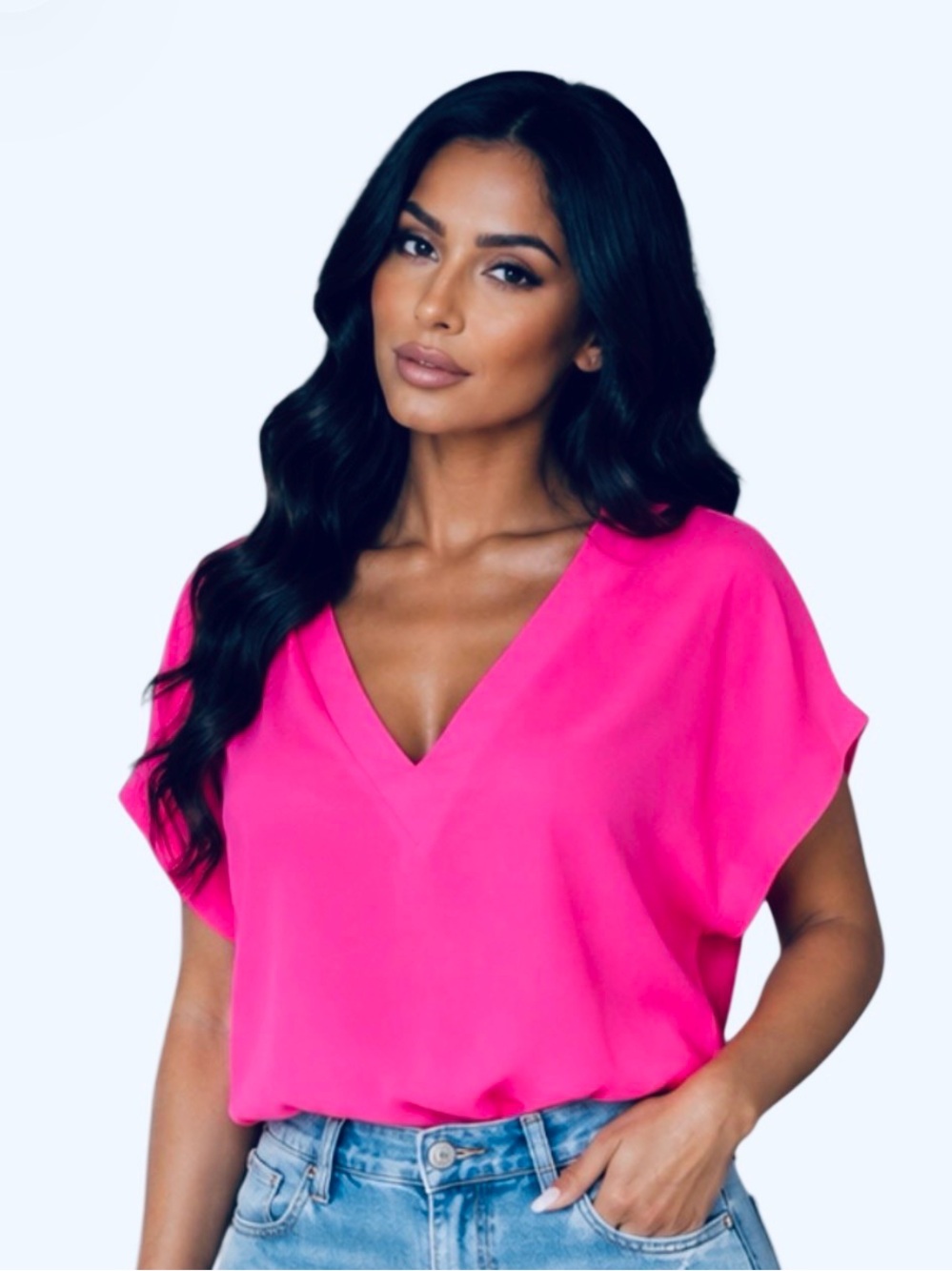 DKNY Pink Solid V-Neck Chiffon Layered Dolman Sleeve Blouse Top Size M Hot Pink